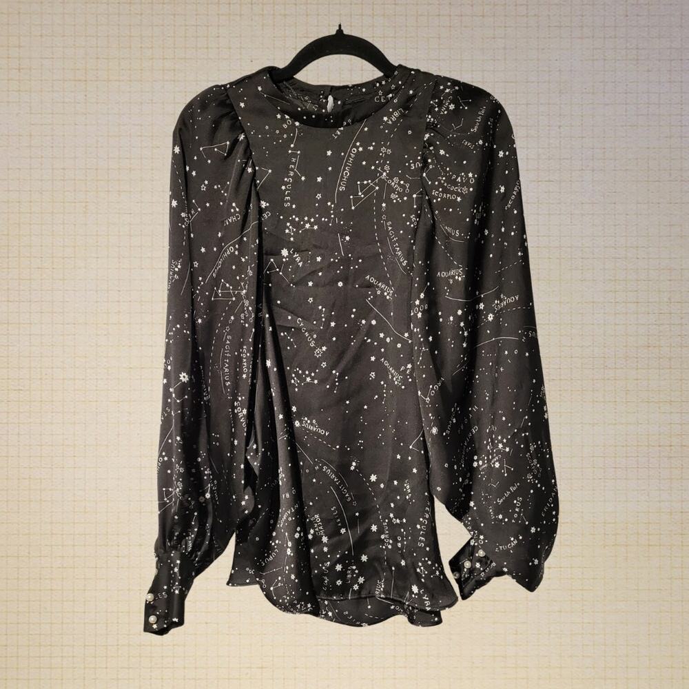 Witchy Balloon Sleeve Blouse Zara 5X Pearl Buttons Celestial Print Silky Satin.